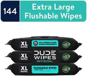 DUDE Flushable Wipes, Extra Large Mint Chill Wet Wipes, 48 Count, 3 Pack (144 Total) DUDE Flushable Wipes, Extra Large Mint Chill Wet Wipes, 48 Count, 3 Pack (144 Total)