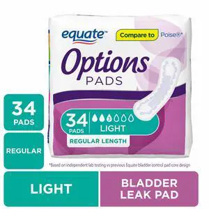 Equate Options Women's Incontinence Pads, Light Absorbency, Regular Length, Size 3, 34 Count Equate Options Women's Incontinence Pads, Light Absorbency, Regular Length, Size 3, 34 Count