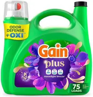 Gain Plus Laundry Detergent Liquid with Odor Defense + OXI, Moonlight Breeze Scent, 99 fl oz, 75 Loads Gain Plus Laundry Detergent Liquid with Odor Defense + OXI, Moonlight Breeze Scent, 99 fl oz, 75 Loads