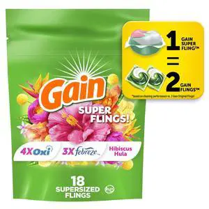 Gain Super Flings Laundry Detergent Pacs, Hibiscus Hula Scent, 18 Count, Irresistibly Clean and Fresh Washing Detergent Pacs Gain Super Flings Laundry Detergent Pacs, Hibiscus Hula Scent, 18 Count, Irresistibly Clean and Fresh Washing Detergent Pacs