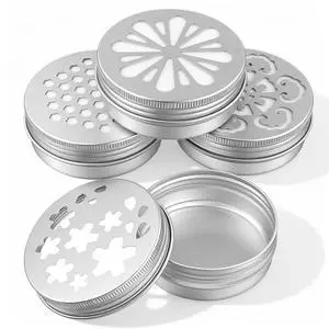 Psyqtsuary 4 Pcs Empty Metal Tins Storage Containers with Hollow Lids, 2oz Scent Beads Container, Perfume Air Freshener Diffuser Refillable Small Round Jars for Aromather Psyqtsuary 4 Pcs Empty Metal Tins Storage Containers with Hollow Lids, 2oz Scent Beads Container, Perfume Air Freshener Diffuser Refillable Small Round Jars for Aromather
