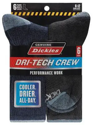 Dickies Men's Genuine Dri-Tech Moisture Control Crew Socks, 6-Pack Dickies Men's Genuine Dri-Tech Moisture Control Crew Socks, 6-Pack