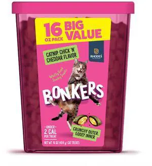 BONKERS Bites Crunchy & Soft Cat Treats, Catnip & Chick 'N' Cheddar Flavor, 16oz Tub BONKERS Bites Crunchy & Soft Cat Treats, Catnip & Chick 'N' Cheddar Flavor, 16oz Tub