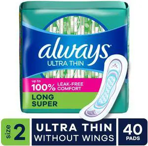 Always Ultra Thin Pads Without Wings, Size 2, Long Super Absorbency, 40 Count Always Ultra Thin Pads Without Wings, Size 2, Long Super Absorbency, 40 Count