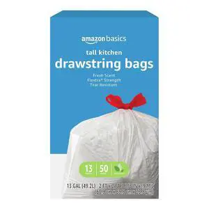 Basics Flextra Strength Tall Kitchen Drawstring Trash Bags, Fresh Scent, Tear Resistant, 13 Gallon, 50 Count Basics Flextra Strength Tall Kitchen Drawstring Trash Bags, Fresh Scent, Tear Resistant, 13 Gallon, 50 Count