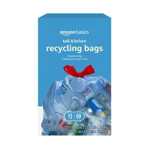 Basics Blue Recycling Drawstring Trash Bags, Tall Kitchen, Unscented, 13 Gallon, 60 Count Basics Blue Recycling Drawstring Trash Bags, Tall Kitchen, Unscented, 13 Gallon, 60 Count