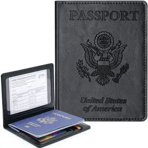 RFID Blocking Leather Passport Holder Wallet Case with Card Slot, Travel Documents Organizer Protector for Women Men, Black RFID Blocking Leather Passport Holder Wallet Case with Card Slot, Travel Documents Organizer Protector for Women Men, Black