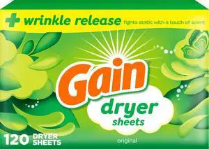 Gain Dryer Sheets Plus Wrinkle Release, Original Scent, 120 Count, Laundry Sheets That Fight Static with a Touch of Scent Gain Dryer Sheets Plus Wrinkle Release, Original Scent, 120 Count, Laundry Sheets That Fight Static with a Touch of Scent