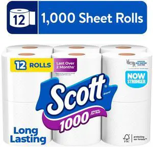 Scott 1000 Toilet Paper, 12 Rolls, 1,000 Sheets per Roll Scott 1000 Toilet Paper, 12 Rolls, 1,000 Sheets per Roll