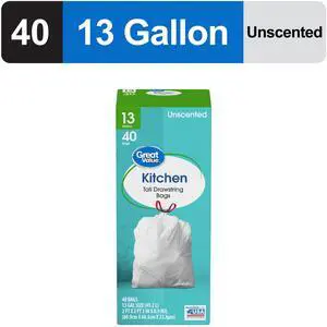 Great Value Tall Kitchen Trash Bags, 13 gal, Drawstring, Unscented, 40 Bags Great Value Tall Kitchen Trash Bags, 13 gal, Drawstring, Unscented, 40 Bags