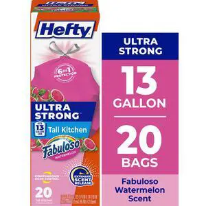 Hefty Ultra Strong 13 Gallon Trash Bags, Tall Kitchen Trash Bags, Pink, Fabuloso Watermelon Scent, 20 Bags Hefty Ultra Strong 13 Gallon Trash Bags, Tall Kitchen Trash Bags, Pink, Fabuloso Watermelon Scent, 20 Bags