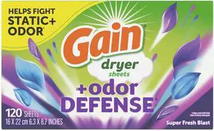 Gain Fabric Softener Dryer Sheets +Odor Defense, Super Fresh Blast Scent, 120 Count Gain Fabric Softener Dryer Sheets +Odor Defense, Super Fresh Blast Scent, 120 Count
