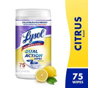 Lysol Dual Action Disinfectant Wipes, Multi-Surface Antibacterial Scrubbing Wipes, For Disinfecting and Cleaning, Citrus Scent, 75 Count Lysol Dual Action Disinfectant Wipes, Multi-Surface Antibacterial Scrubbing Wipes, For Disinfecting and Cleaning, Citrus Scent, 75 Count