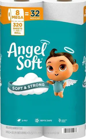 Angel Soft Toilet Paper, 8 Mega Rolls = 32 Regular Rolls, Soft and Strong Toilet Tissue Angel Soft Toilet Paper, 8 Mega Rolls = 32 Regular Rolls, Soft and Strong Toilet Tissue