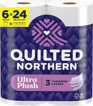 Quilted Northern Ultra Plush Toilet Paper, 6 Mega Rolls = 24 Regular Rolls, 4X More Absorbent*, 3-Ply Soft Toilet Tissue Quilted Northern Ultra Plush Toilet Paper, 6 Mega Rolls = 24 Regular Rolls, 4X More Absorbent*, 3-Ply Soft Toilet Tissue