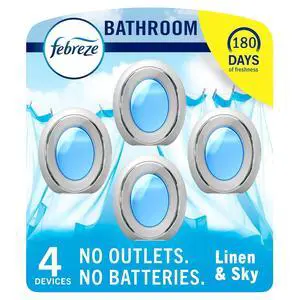 Febreze Bathroom Air Freshener Odor-Fighting for Small Spaces Scented Plug In Alternative Long-Lasting for Home and Bathroom and Kitchen Closet Air Fresheners, Linen & Sky Scent, 4 Count Febreze Bathroom Air Freshener Odor-Fighting for Small Spaces Scented Plug In Alternative Long-Lasting for Home and Bathroom and Kitchen Closet Air Fresheners, Linen & Sky Scent, 4 Count