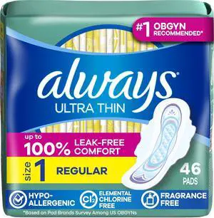 Always Ultra Thin Feminine Pads with Wings, Size 1, Regular Absorbency, Unscented, 46 Count Always Ultra Thin Feminine Pads with Wings, Size 1, Regular Absorbency, Unscented, 46 Count