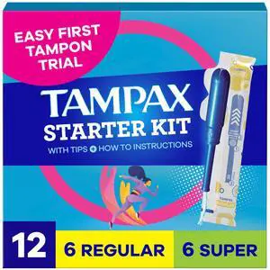 Tampax Starter Kit Multipack with LeakGuard Braid, Regular/Super Absorbency, Unscented, Easy First Tampon Trial, 12 Count Tampax Starter Kit Multipack with LeakGuard Braid, Regular/Super Absorbency, Unscented, Easy First Tampon Trial, 12 Count