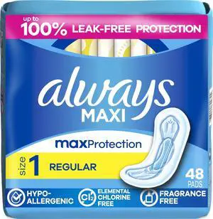 Always Maxi Unscented Regular Absorbency Size 1 Feminine Pads Without Wings 48 Count Always Maxi Unscented Regular Absorbency Size 1 Feminine Pads Without Wings 48 Count