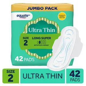 Equate Ultra Thin Pads with Flexi-Wings, Size 2, Super Long Absorbency, 42 Count Equate Ultra Thin Pads with Flexi-Wings, Size 2, Super Long Absorbency, 42 Count