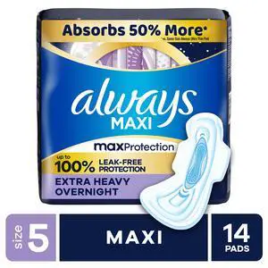 Always Maxi Pads Size 5 Extra Heavy Overnight with Wings, 14 Count Always Maxi Pads Size 5 Extra Heavy Overnight with Wings, 14 Count