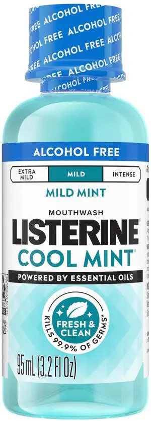 Listerine Cool Mint Alcohol Free Mouthwash, Mild Mint, 3.2fl oz/95 mL Listerine Cool Mint Alcohol Free Mouthwash, Mild Mint, 3.2fl oz/95 mL