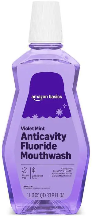 Amazon Basics Anticavity Fluoride Mouthwash, Alcohol Free, Violet Mint, 1L (33.8Fl Oz), 1-Pack Amazon Basics Anticavity Fluoride Mouthwash, Alcohol Free, Violet Mint, 1L (33.8Fl Oz), 1-Pack