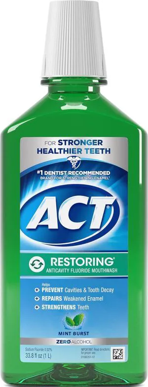 ACT Restoring Zero Alcohol Fluoride Mouthwash, Mint Burst, 33.8fl.oz., Strengthens Tooth Enamel ACT Restoring Zero Alcohol Fluoride Mouthwash, Mint Burst, 33.8fl.oz., Strengthens Tooth Enamel