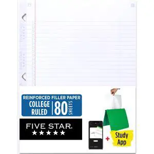 Five Star Loose Leaf Paper 8-1/2" x 11", College Ruled, Reinforced, Fights Ink Bleed, 80 Sheets, Study App (170102) Five Star Loose Leaf Paper 8-1/2" x 11", College Ruled, Reinforced, Fights Ink Bleed, 80 Sheets, Study App (170102)