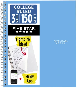 Five Star 3 Subject College Ruled Spiral Notebook + Study App, 8.5"x11", 150 Sheets, Blue, 820003NH0 Five Star 3 Subject College Ruled Spiral Notebook + Study App, 8.5"x11", 150 Sheets, Blue, 820003NH0