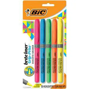 BIC Brite Liner Grip Highlighter, Chisel Tip, Assorted Colors, 5-Count BIC Brite Liner Grip Highlighter, Chisel Tip, Assorted Colors, 5-Count