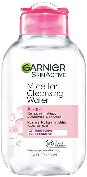 Garnier Micellar Cleansing Water All-in-1 Makeup Remover and Facial Cleanser for All Skin Types, 3.4Fl Oz (100mL), 1 Count Garnier Micellar Cleansing Water All-in-1 Makeup Remover and Facial Cleanser for All Skin Types, 3.4Fl Oz (100mL), 1 Count