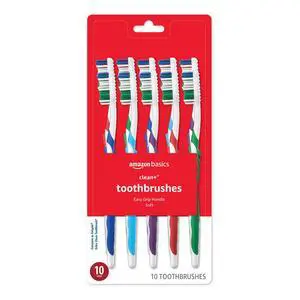 Amazon Basics Clean Plus Soft Bristle Toothbrushes with Angled End-Tuft, Cheek and Tongue Cleaner, Full Size, 10 Count Amazon Basics Clean Plus Soft Bristle Toothbrushes with Angled End-Tuft, Cheek and Tongue Cleaner, Full Size, 10 Count