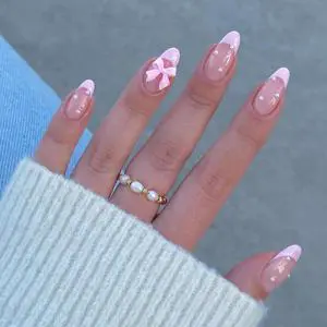 Pink Bow Press on Nails Medium Almond Nude Pink with Pearl Design Glossy Acrylic False Nails 24Pcs Pink Bow Press on Nails Medium Almond Nude Pink with Pearl Design Glossy Acrylic False Nails 24Pcs