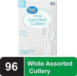 Great Value Plastic Disposable Cutlery Set, 96 Count, White, 32 Forks, 32 Spoons, 32 Knives Great Value Plastic Disposable Cutlery Set, 96 Count, White, 32 Forks, 32 Spoons, 32 Knives