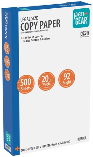 Pen+Gear Copy Paper, 20 lb, 92 Bright, White, 8.5"x14", 1 Ream (500 Sheets) Pen+Gear Copy Paper, 20 lb, 92 Bright, White, 8.5"x14", 1 Ream (500 Sheets)
