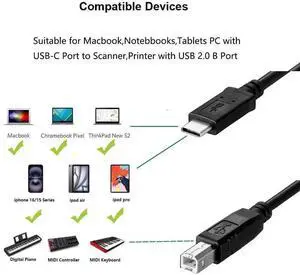 1M USB-C to USB 2.0 Type B Printer Cable, High Speed Data Transfer Cord Compatible with MacBook Pro Air M1, iMac Pro, MIDI Keyboard, Scanner for HP Canon Brother Epson Samsung Pantum 1M USB-C to USB 2.0 Type B Printer Cable, High Speed Data Transfer Cord Compatible with MacBook Pro Air M1, iMac Pro, MIDI Keyboard, Scanner for HP Canon Brother Epson Samsung Pantum