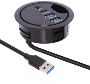 AJMRTC 2Port USB3.0 Desk Grommet Dock Station, 60mm Hole USBC Splitter Hub with 3.5mm Headphone Mic Audio Sound Card Interface, Desktop PC Desk Grommet for USB 3.0, TypeC & Audio Connection AJMRTC 2Port USB3.0 Desk Grommet Dock Station, 60mm Hole USBC Splitter Hub with 3.5mm Headphone Mic Audio Sound Card Interface, Desktop PC Desk Grommet for USB 3.0, TypeC & Audio Connection