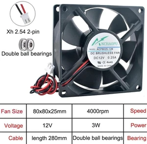 ACP8025 80x80x25mm DC12V 2Pin Dual Ball Bearing Axial Cooling Fan, 80mm Brushless Replacement Fan for PC Chassis, Power Converter and Computer Hardware Heat Dissipation ACP8025 80x80x25mm DC12V 2Pin Dual Ball Bearing Axial Cooling Fan, 80mm Brushless Replacement Fan for PC Chassis, Power Converter and Computer Hardware Heat Dissipation