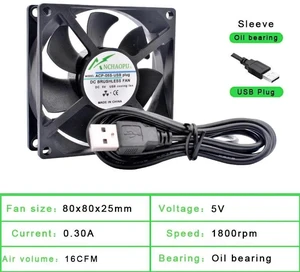 80x80x25mm Sleeve Bearing USB DC5V Silent Cooling Fan, USB Powered Quiet Axial Replacement Fan for DIY Cooling Router, Game Console, TV Box, Power Supply and Small Electronic Equipment 80x80x25mm Sleeve Bearing USB DC5V Silent Cooling Fan, USB Powered Quiet Axial Replacement Fan for DIY Cooling Router, Game Console, TV Box, Power Supply and Small Electronic Equipment