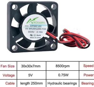 ACP3007 30x30x7mm 30mm 3cm Miniature UltraThin Axial Cooling Fan, DC5V 2Pin Brushless Replacement Fan for Printers and Routers Heat Dissipation ACP3007 30x30x7mm 30mm 3cm Miniature UltraThin Axial Cooling Fan, DC5V 2Pin Brushless Replacement Fan for Printers and Routers Heat Dissipation