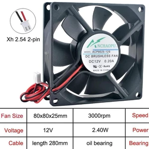 ACP8025 80x80x25mm 80mm DC12V 2Pin OilBearing Axial Cooling Fan, 8CM Replacement Fan for PC Chassis, Power Converters and Desktop Computer Hardware Heat Dissipation ACP8025 80x80x25mm 80mm DC12V 2Pin OilBearing Axial Cooling Fan, 8CM Replacement Fan for PC Chassis, Power Converters and Desktop Computer Hardware Heat Dissipation