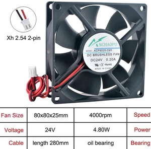 ACP8025 80x80x25mm 80mm DC24V 2Pin OilBearing Axial Cooling Fan, 8CM Replacement Fan for PC Chassis, Power Converters and Industrial Computer Hardware Heat Dissipation ACP8025 80x80x25mm 80mm DC24V 2Pin OilBearing Axial Cooling Fan, 8CM Replacement Fan for PC Chassis, Power Converters and Industrial Computer Hardware Heat Dissipation