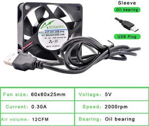 60x60x25mm Sleeve Bearing DC 5V USB Silent Cooling Fan, USBPowered Brushless Fan for DIY Cooling, Router, Game Console, TV Box, Power Supply and Small Electronic Device Heat Dissipation 60x60x25mm Sleeve Bearing DC 5V USB Silent Cooling Fan, USBPowered Brushless Fan for DIY Cooling, Router, Game Console, TV Box, Power Supply and Small Electronic Device Heat Dissipation