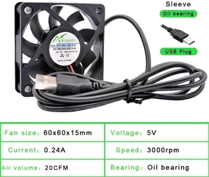 60x60x15mm Sleeve Bearing DC 5V USB Silent Cooling Fan, USBPowered Brushless Fan for DIY Cooling, Router, Game Console, TV Box, Power Supply and Small Electronic Device Heat Dissipation 60x60x15mm Sleeve Bearing DC 5V USB Silent Cooling Fan, USBPowered Brushless Fan for DIY Cooling, Router, Game Console, TV Box, Power Supply and Small Electronic Device Heat Dissipation