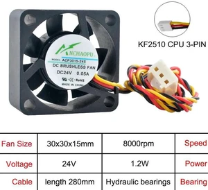 ACP3015 Miniature Axial Cooling Fan, 30x30x15mm 3cm DC 24V 3Pin KF2510 Connector Replacement Fan, Compact Ventilation Fan for CPU and Power Supply Heat Dissipation inside 30mmWidth Cases ACP3015 Miniature Axial Cooling Fan, 30x30x15mm 3cm DC 24V 3Pin KF2510 Connector Replacement Fan, Compact Ventilation Fan for CPU and Power Supply Heat Dissipation inside 30mmWidth Cases