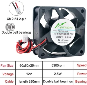 ACP6025 60x60x25mm 60mm Dual Ball Bearing Axial Cooling Fan DC12V 2Pin, Replacement Cooler for Chargers Power Supplies Inverters Electronic Equipment Thermal Repair Hardware ACP6025 60x60x25mm 60mm Dual Ball Bearing Axial Cooling Fan DC12V 2Pin, Replacement Cooler for Chargers Power Supplies Inverters Electronic Equipment Thermal Repair Hardware