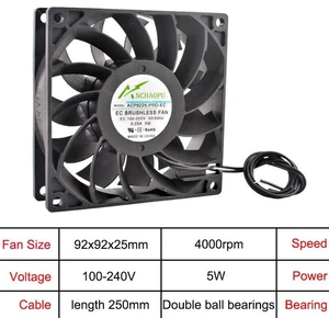 92x92x25mm HighPower EC Brushless Axial Cooling Fan, Universal AC 110V240V Wide Voltage RackMount Fan for Server Rack, Cabinet, Industrial Equipment Heat Dissipation Ventilation Replacement Fan 92x92x25mm HighPower EC Brushless Axial Cooling Fan, Universal AC 110V240V Wide Voltage RackMount Fan for Server Rack, Cabinet, Industrial Equipment Heat Dissipation Ventilation Replacement Fan
