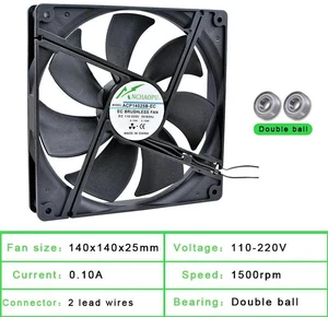EC Brushless Axial Cooling Fan, Dual Ball Bearing 140x140x25mm, Wide Voltage AC110V/120V/220V/240V, 2-Row Structure, for Server Rack Cabinet Heat Dissipation EC Brushless Axial Cooling Fan, Dual Ball Bearing 140x140x25mm, Wide Voltage AC110V/120V/220V/240V, 2-Row Structure, for Server Rack Cabinet Heat Dissipation
