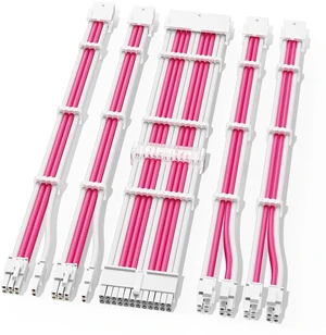 AJMRTC 5PCS PSU Extension Cable Kit, Custom Sleeved Power Supply Mod Cables, 16AWG 24Pin ATX, 2×8(4+4) EPS CPU, 2×8(6+2) PCIe GPU, Pink & White for Desktop PC Modding AJMRTC 5PCS PSU Extension Cable Kit, Custom Sleeved Power Supply Mod Cables, 16AWG 24Pin ATX, 2×8(4+4) EPS CPU, 2×8(6+2) PCIe GPU, Pink & White for Desktop PC Modding